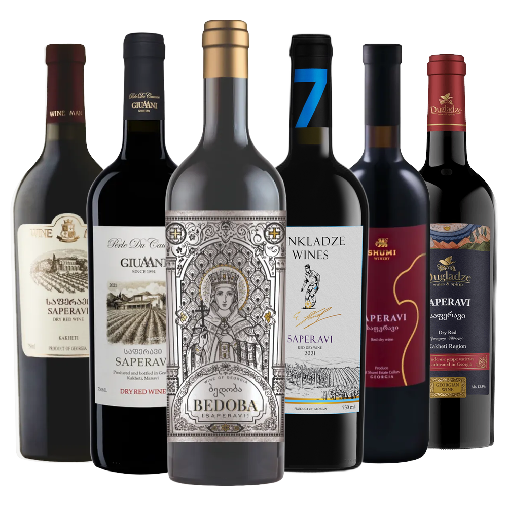 Saperavi mixed case featuring Saperavi wines from Bedoba, Dugladze, Kinkladze, Giuaani, Shumi and Wineman wineries