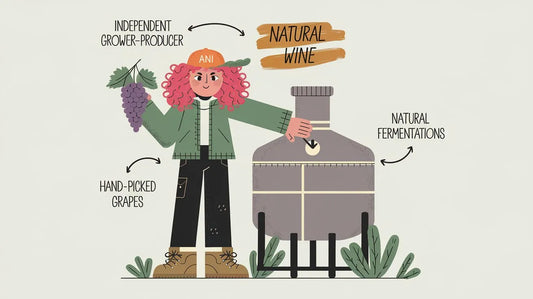 Minimalistic infographic illustration of a natural wine production process featuring a winemaker with hand-picked grapes, a qvevri clay vessel for natural fermentations, and key attributes like independent grower-producer.