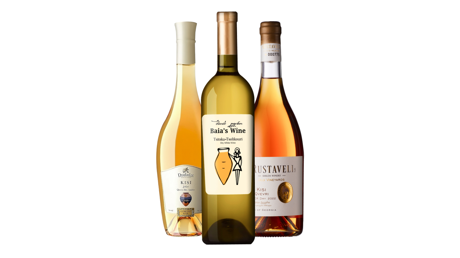 Three bottles of Georgian orange wine