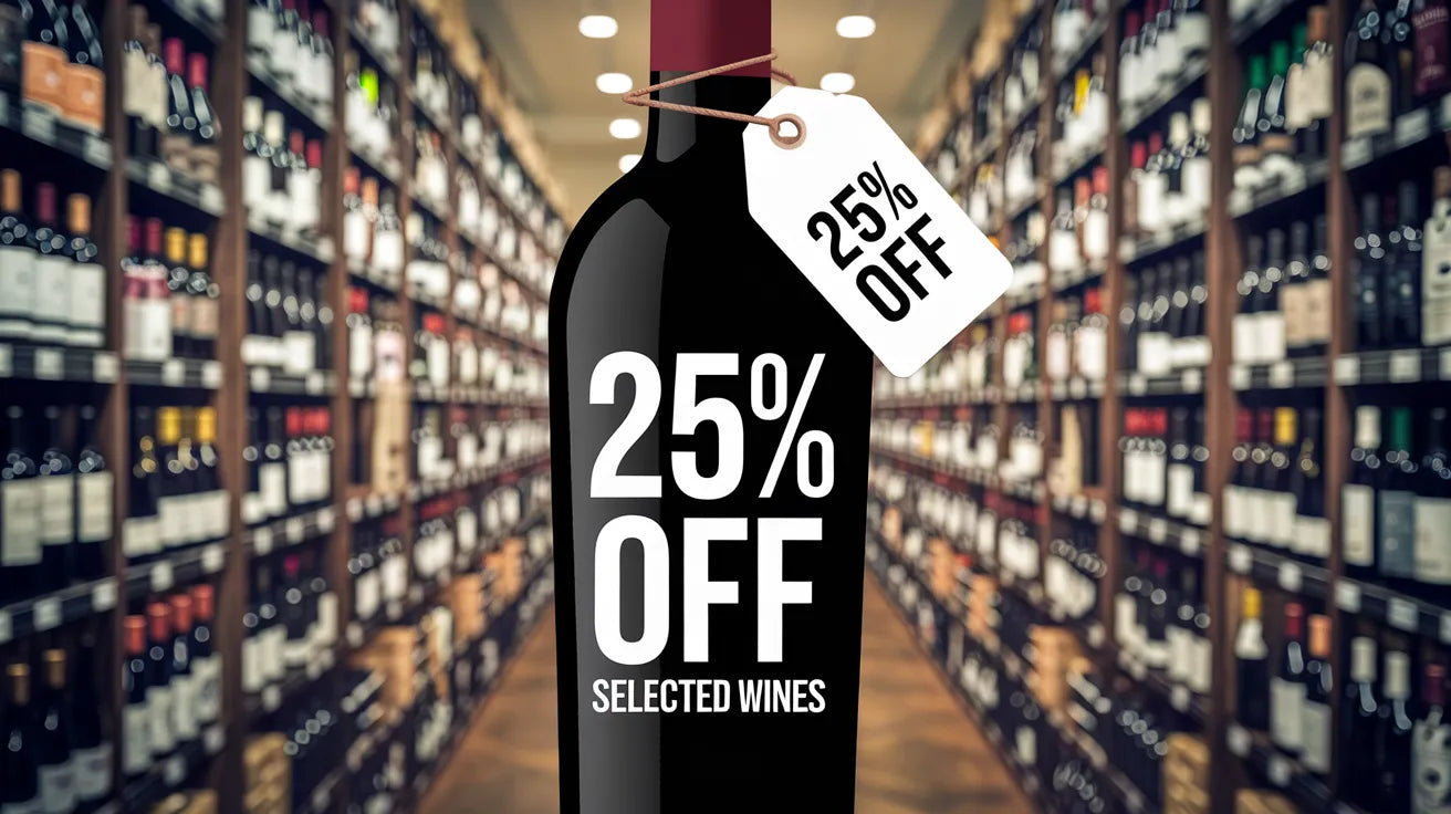 A wine bottle with a "25% OFF Selected Wines" discount tag, set against a background of a wine store with shelves filled with various bottles.