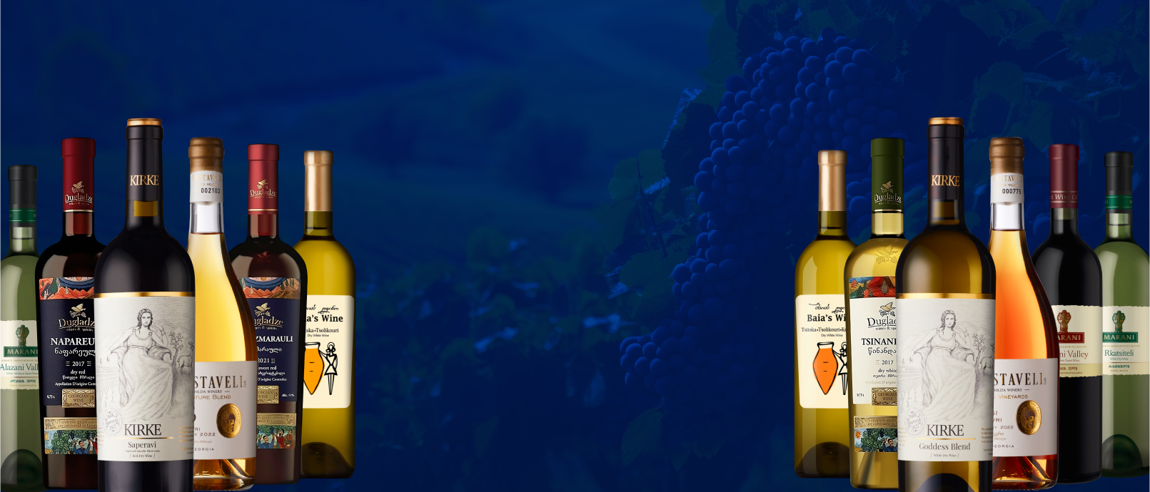 Wine Cases Banner featuring a selection of various Georgian wines with a vineyard background