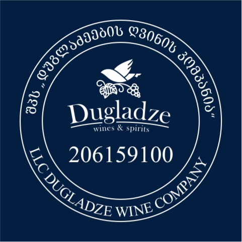 Logo of Dugladze Wine Company with text "Dugladze wines & spirits" and company registration number "206159100"