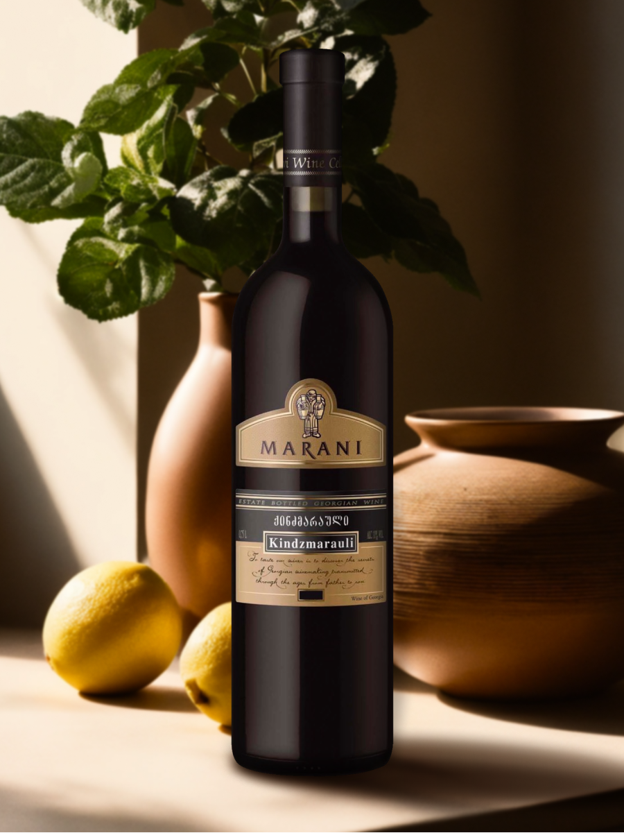 Marani Kindzmarauli 2018 red wine bottle with lemons and pottery