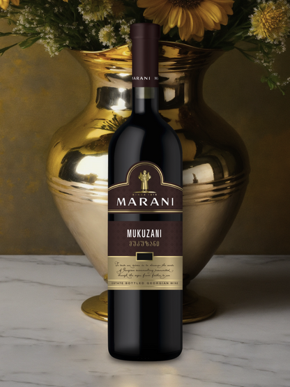 Marani Mukuzani 2018 red wine bottle with gold vase and flowers