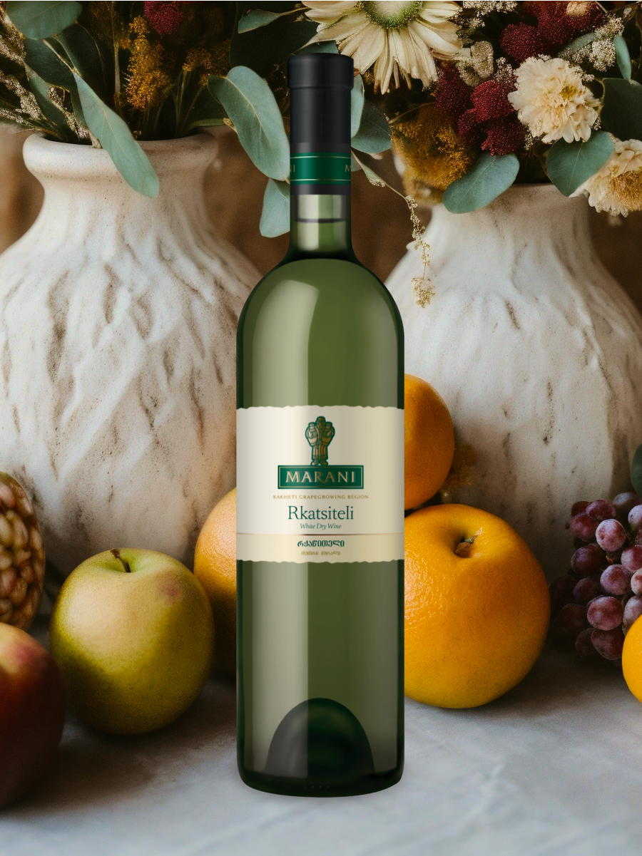 Marani Rkatsiteli 2018 white wine bottle with fruit and flowers