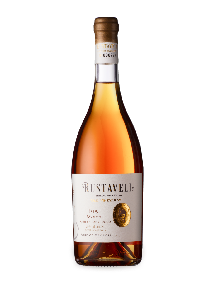 Rustaveli Kisi Qvevri 2022 dry amber wine bottle with no background