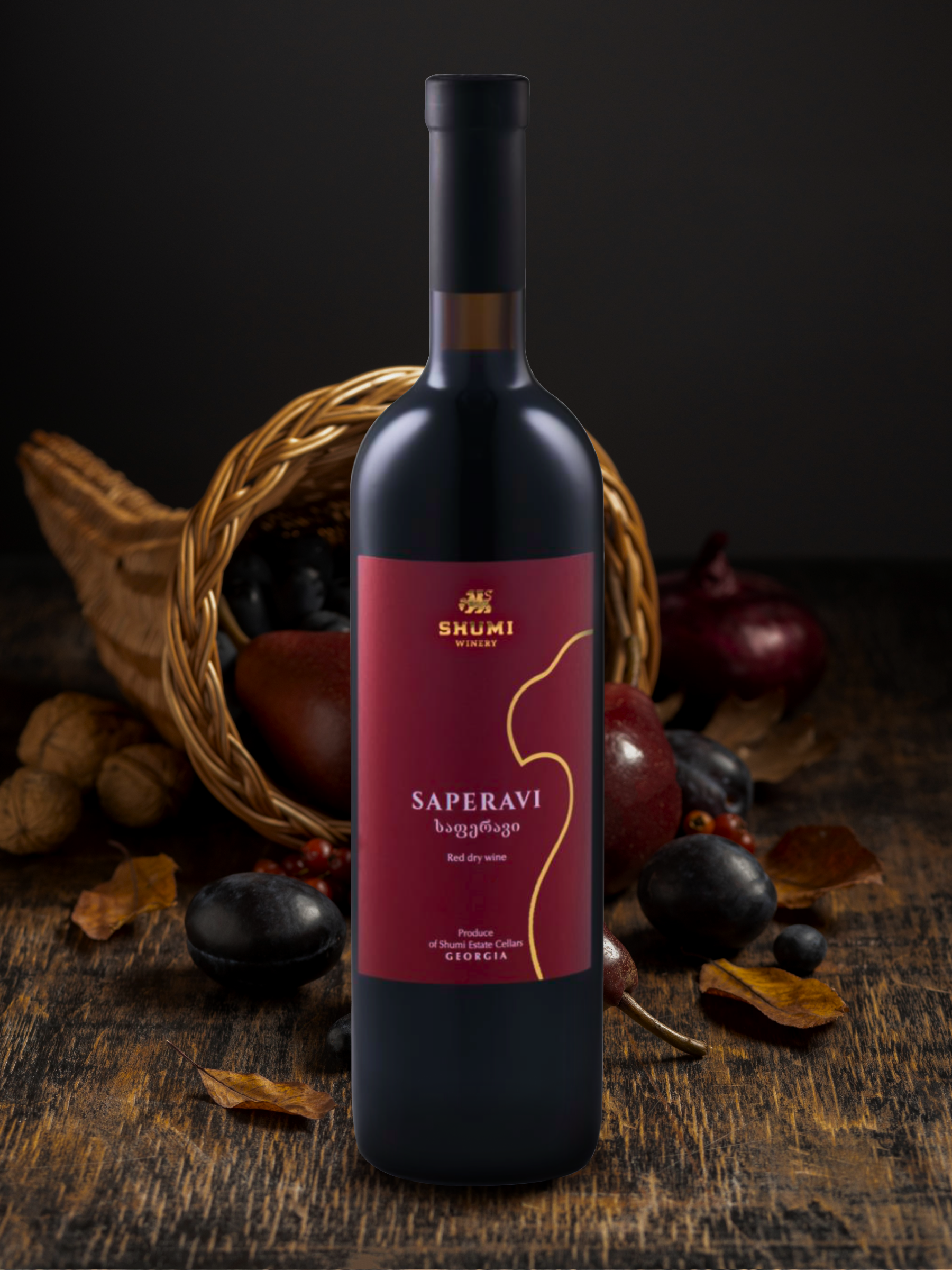 Shumi Mukuzani 2021 - A robust Georgian red wine bottle on background