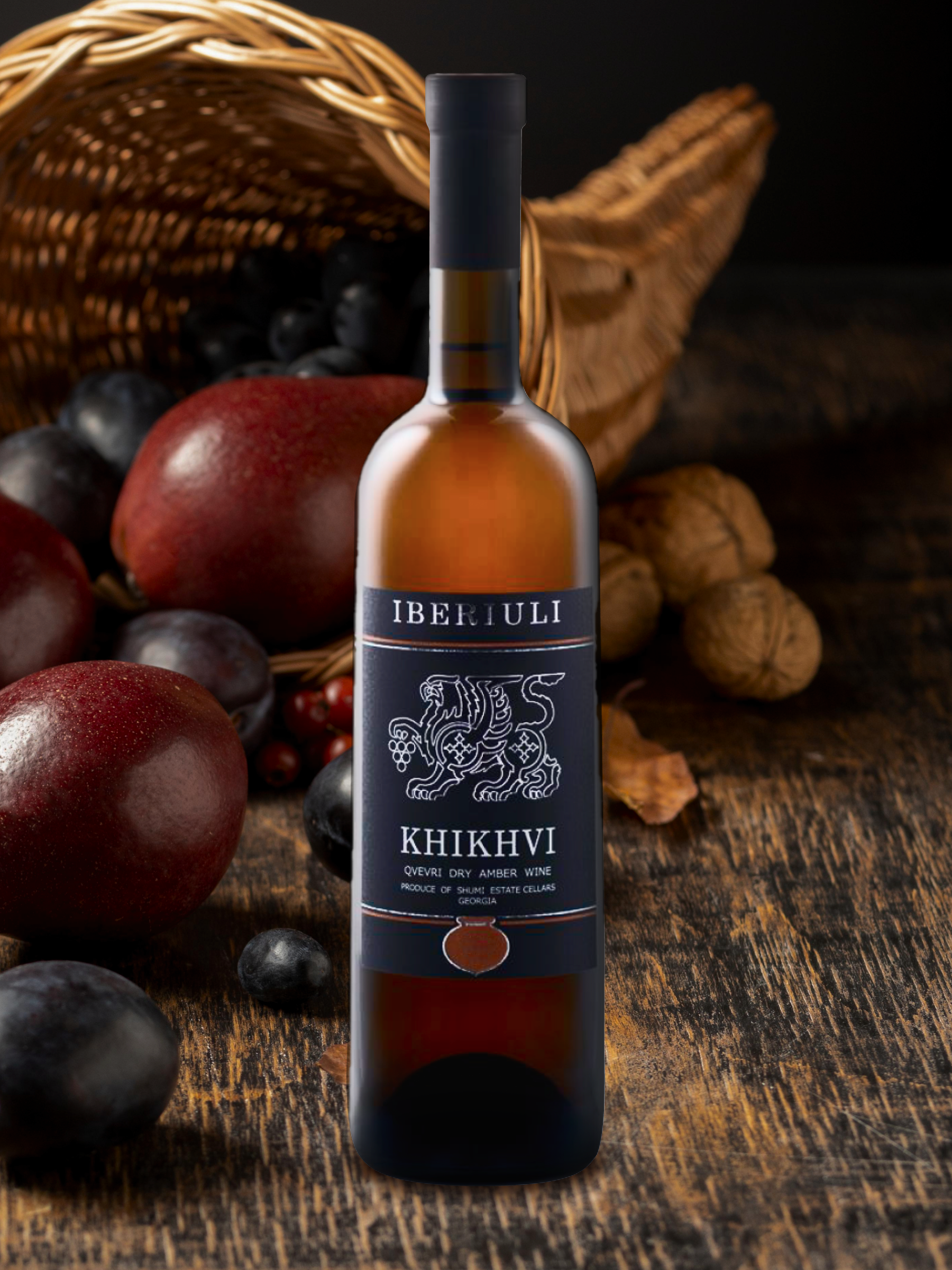 Shumi Iberiuli Khikhvi 2019 Qvevri - A Georgian Qvevri wine bottle on background