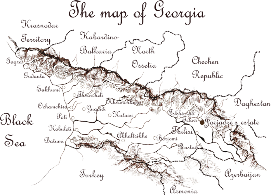 Wine Man Winery, Map of Georgia showing various regions and neighboring countries, with annotations in a decorative script