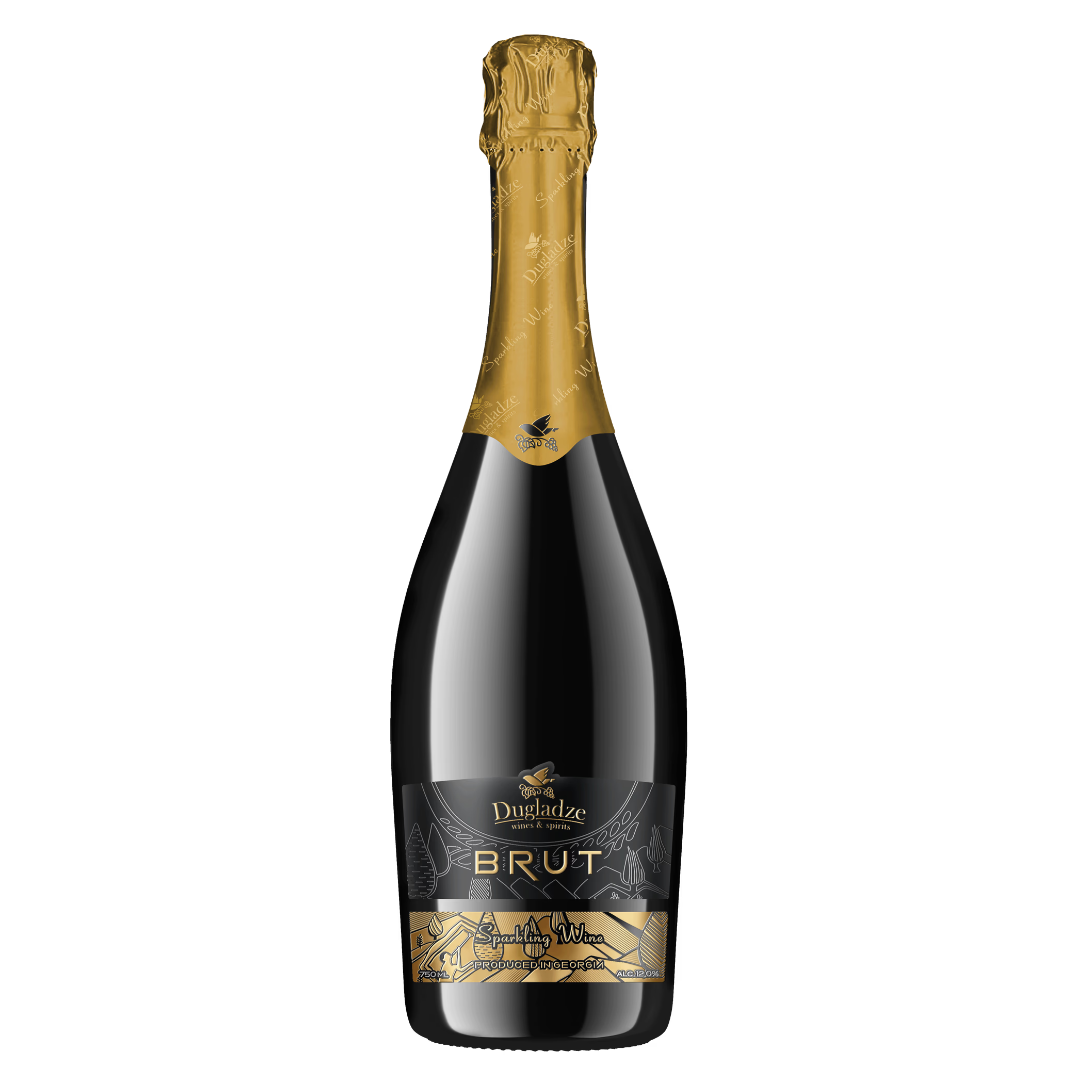 Dugladze Brut sparkling wine bottle with gold foil and black label