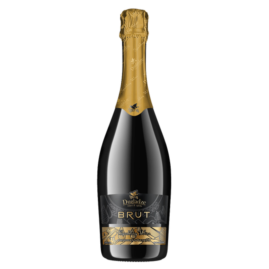 Dugladze Brut sparkling wine bottle with gold foil and black label