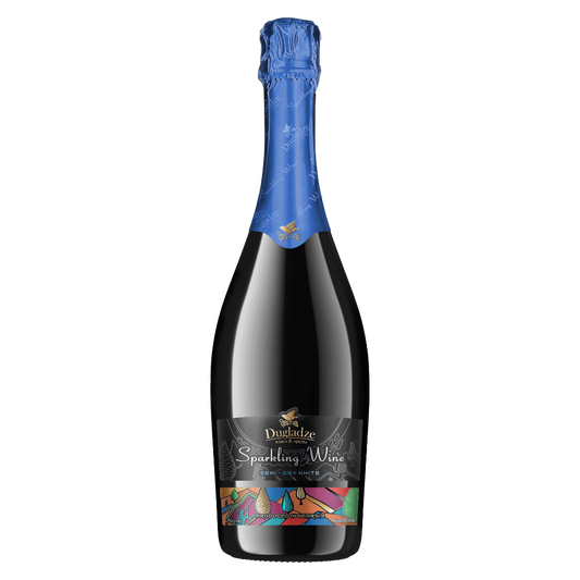 Dugladze Sparkling Wine Semi-Dry White bottle with blue foil and black label over a colorful band