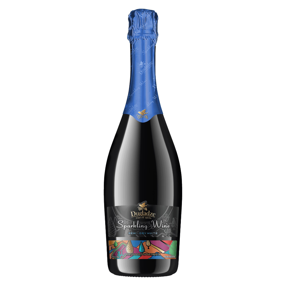 Dugladze Sparkling Wine Semi-Dry White bottle with blue foil and black label over a colorful band