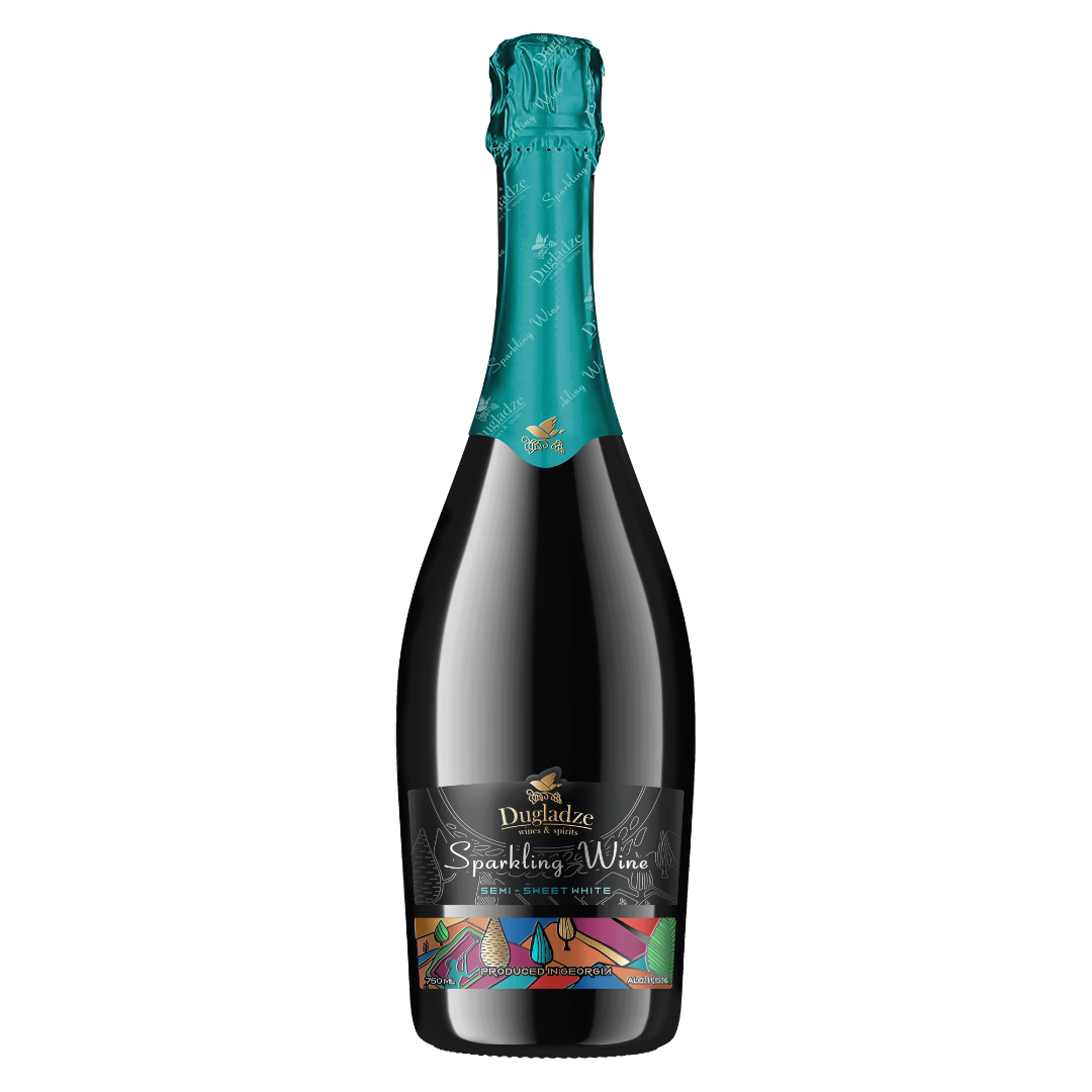 Dugladze Sparkling Wine Semi-Sweet White bottle with teal foil and black label over a colorful band