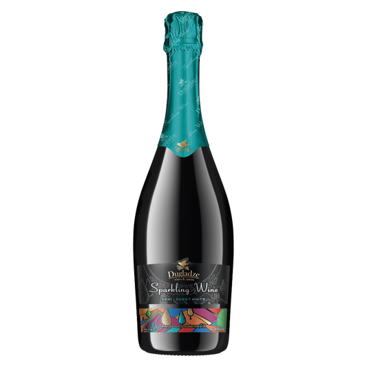 Dugladze Sparkling Wine Semi-Sweet White bottle with teal foil and black label over a colorful band