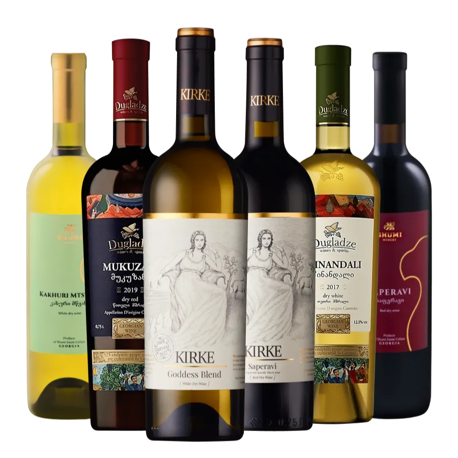 Georgian Dry Wine mixed case of 6 bottles – Premium Selection of Saperavi and Kakhuri Mtsvane from Shumi WInery, Mukuzani and Tsinandali from Dugladze winery, Saperavi and Goddes Blend by Kirke from Shilda Winery