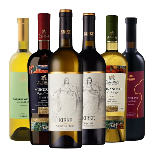 Georgian Dry Wine mixed case of 6 bottles – Premium Selection of Saperavi and Kakhuri Mtsvane from Shumi WInery, Mukuzani and Tsinandali from Dugladze winery, Saperavi and Goddes Blend by Kirke from Shilda Winery