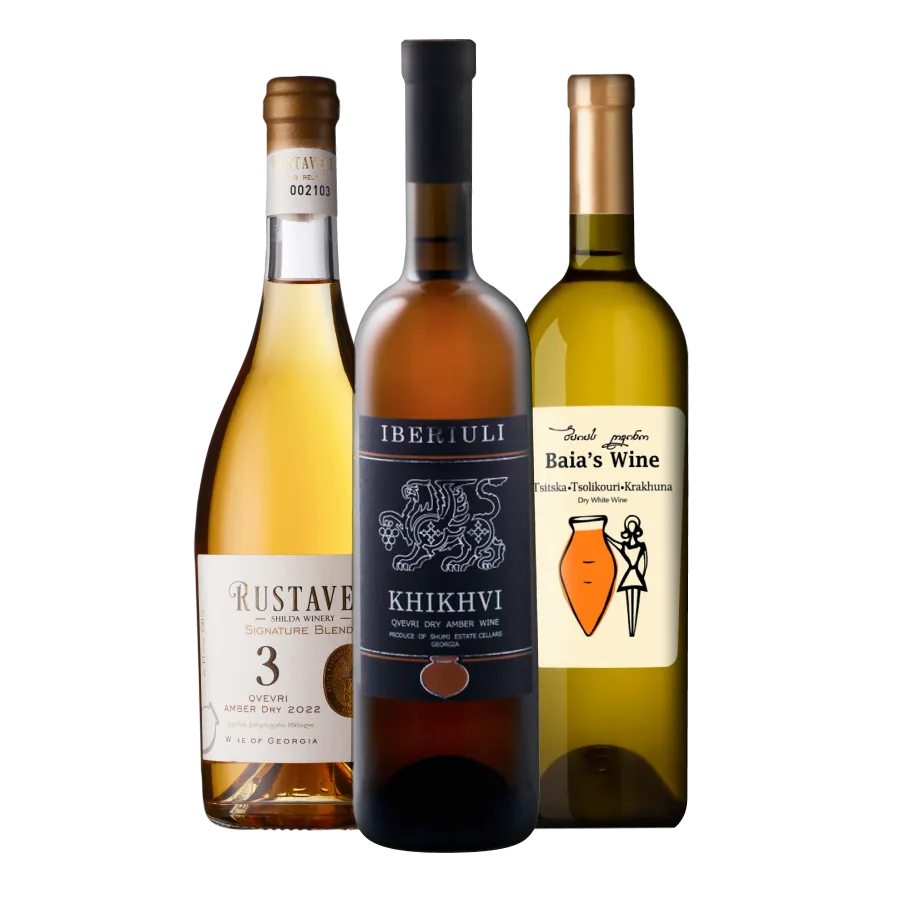 Three bottles of Georgian amber wine featuring Rustaveli 3 Qvevri, Iberiuli Khikhvi, and Tsitska, Tsolikouri, Krakhuna from Baia’s Wine.