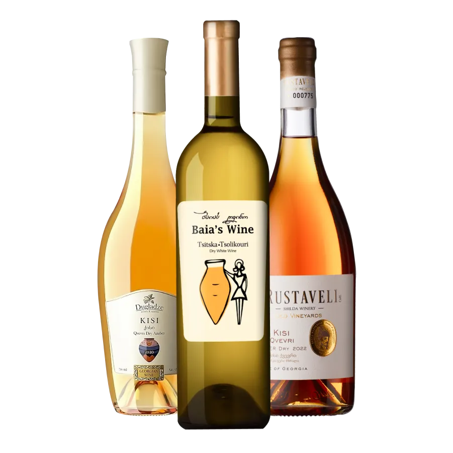 Three bottles of Georgian amber wines including Dugladze Kisi, Baia’s Wine Tsitska Tsolikouri, and Rustaveli Kisi Qvevri.