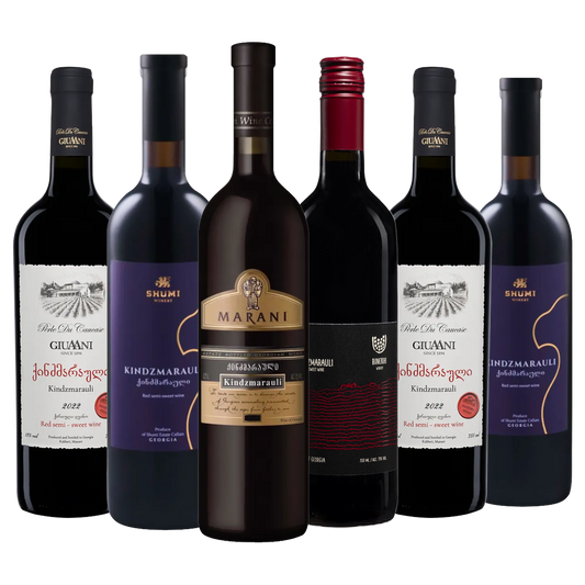 Kindzmarauli Mixed Case of 6 bottles: 2 x Giuaani Kindzmarauli, 2 x Shumi Kindzmarauli, Marani Kindzmarauli and Binekhi Kindzmarauli semi-sweet red wines from Georgia