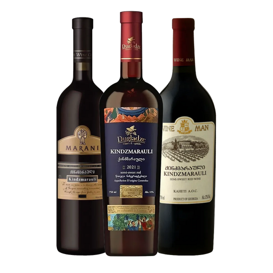 Three bottles of Kindzmarauli wine, from Marani, Wineman and Dugladze