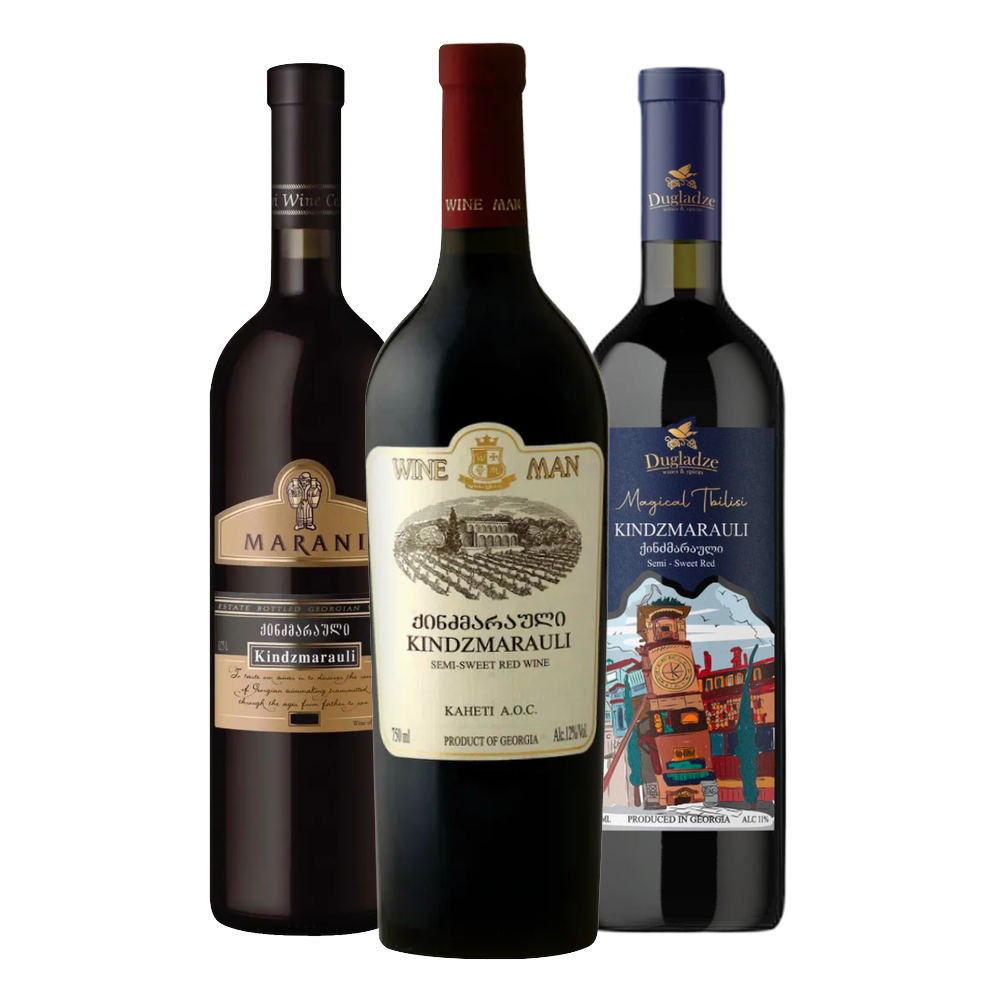 Three bottles of Kindzmarauli wine, from Marani, Wineman and Dugladze (Magical Tbilisi series) wineries