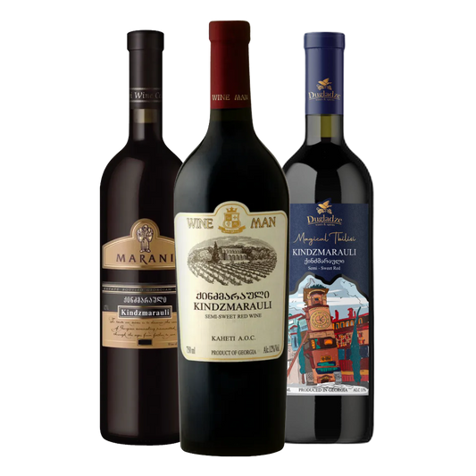 Three bottles of Kindzmarauli wine, from Marani, Wineman and Dugladze (Magical Tbilisi series) wineries