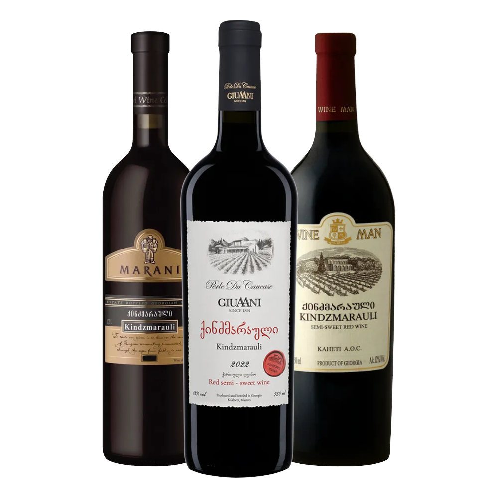 Three bottles of Kindzmarauli wine, from Marani, Wineman and Giuaani wineries