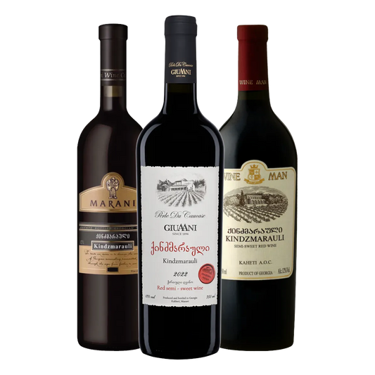 Three bottles of Kindzmarauli wine, from Marani, Wineman and Giuaani wineries
