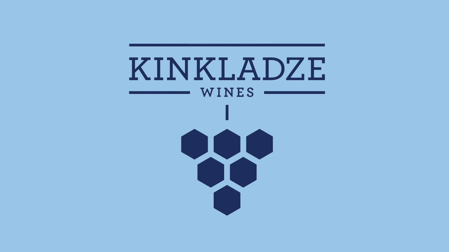 Kinkladze Wines logo featuring a stylized navy-blue grape cluster beneath the brand name on a sky-blue background