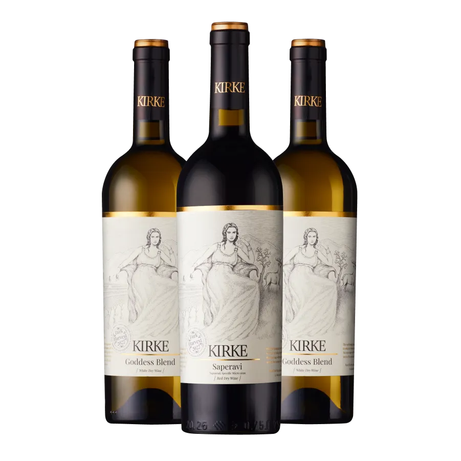 Two bottles of Kirke Goddess blend white wine and a bottle of Kirke Saperavi from Shilda winery.