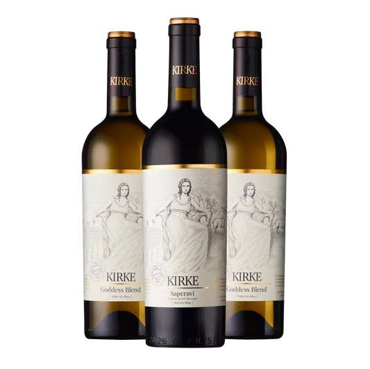 Two bottles of Kirke Goddess blend white wine and a bottle of Kirke Saperavi from Shilda winery.