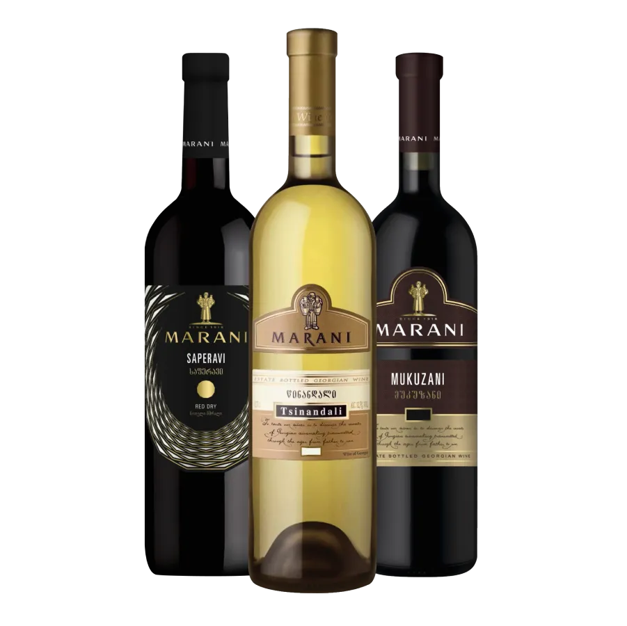 Three bottles of Georgian dry wine from Marani wine producer: Saperavi, Tsinandali, Mukuzani.