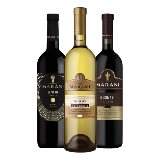 Three bottles of Georgian dry wine from Marani wine producer: Saperavi, Tsinandali, Mukuzani.