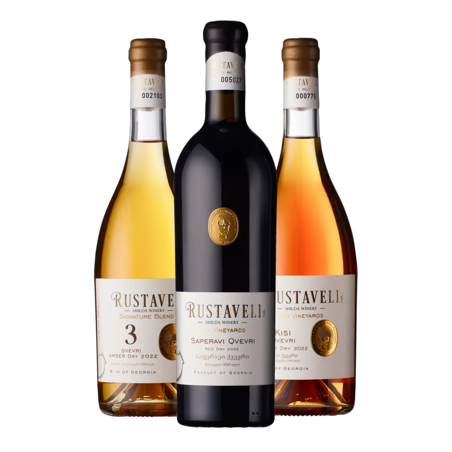 Three bottles of Rustaveli wines from Shilda winery: 3 Qvevri amber, Saperavi Qvevri and Kisi Qvevri.