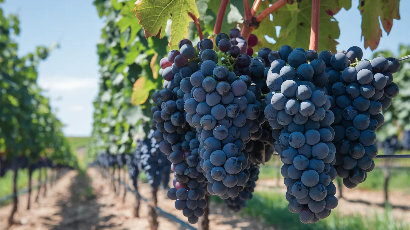 Close-up of a cluster of Georgian iconic grape Saperavi hanging from a vine in a vineyard, with green leaves and rows of vines in the background under a clear blue sky.