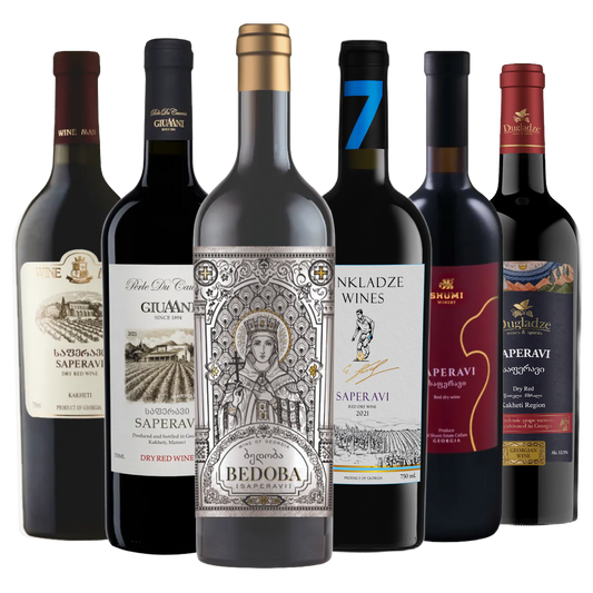 Saperavi mixed case featuring Saperavi wines from Bedoba, Dugladze, Kinkladze, Giuaani, Shumi and Wineman wineries