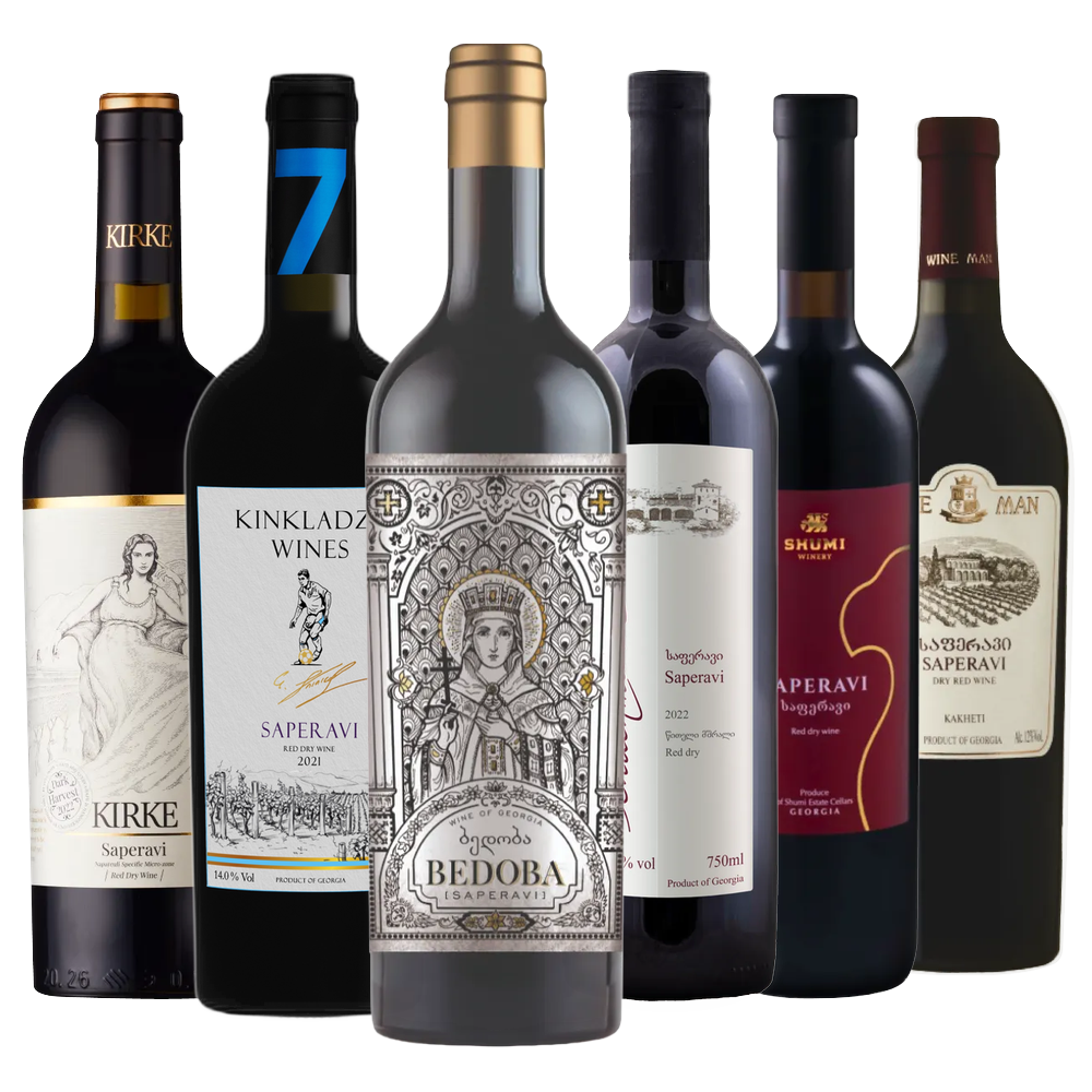 Saperavi mixed case featuring Saperavi wines from Bedoba, Kirke, Kinkladze, Schuchmann, Shumi and Wine Man wineries