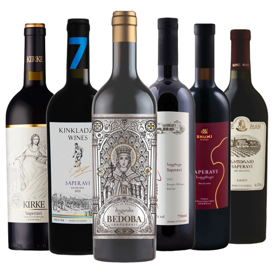 Saperavi mixed case featuring Saperavi wines from Bedoba, Kirke, Kinkladze, Schuchmann, Shumi and Wine Man wineries