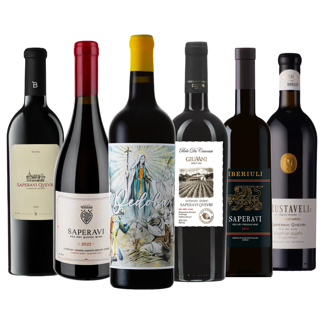 Saperavi Qvevri Premium Mixed Case of 6 bottles: Château Buera Saperavi Qvevri, Periani Saperavi Qvevri, Bedoba Saperavi Reserve, Giuaani Saperavi Qvevri, Shumi Iberiuli Saperavi Qvevri and Rustaveli Saperavi Qvevri dry red wines from Georgia