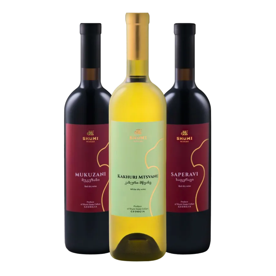 Three bottles of Georgian wine from Shumi winery: Mukuzani, Kakhuri Mtsvane and Saperavi.