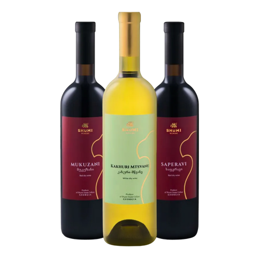 Three bottles of Georgian wine from Shumi winery: Mukuzani, Kakhuri Mtsvane and Saperavi.