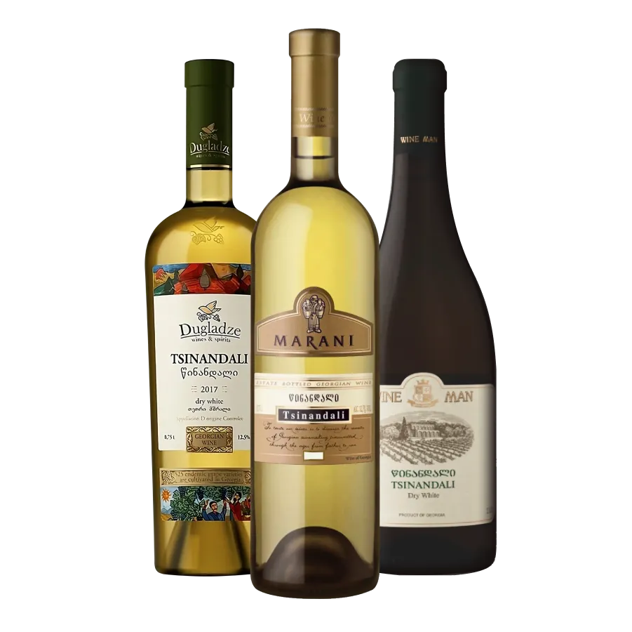 Thee bottles of Georgian whi wine from Tsinandali appelation from Dugladze, Marani and Wine Man wineries.