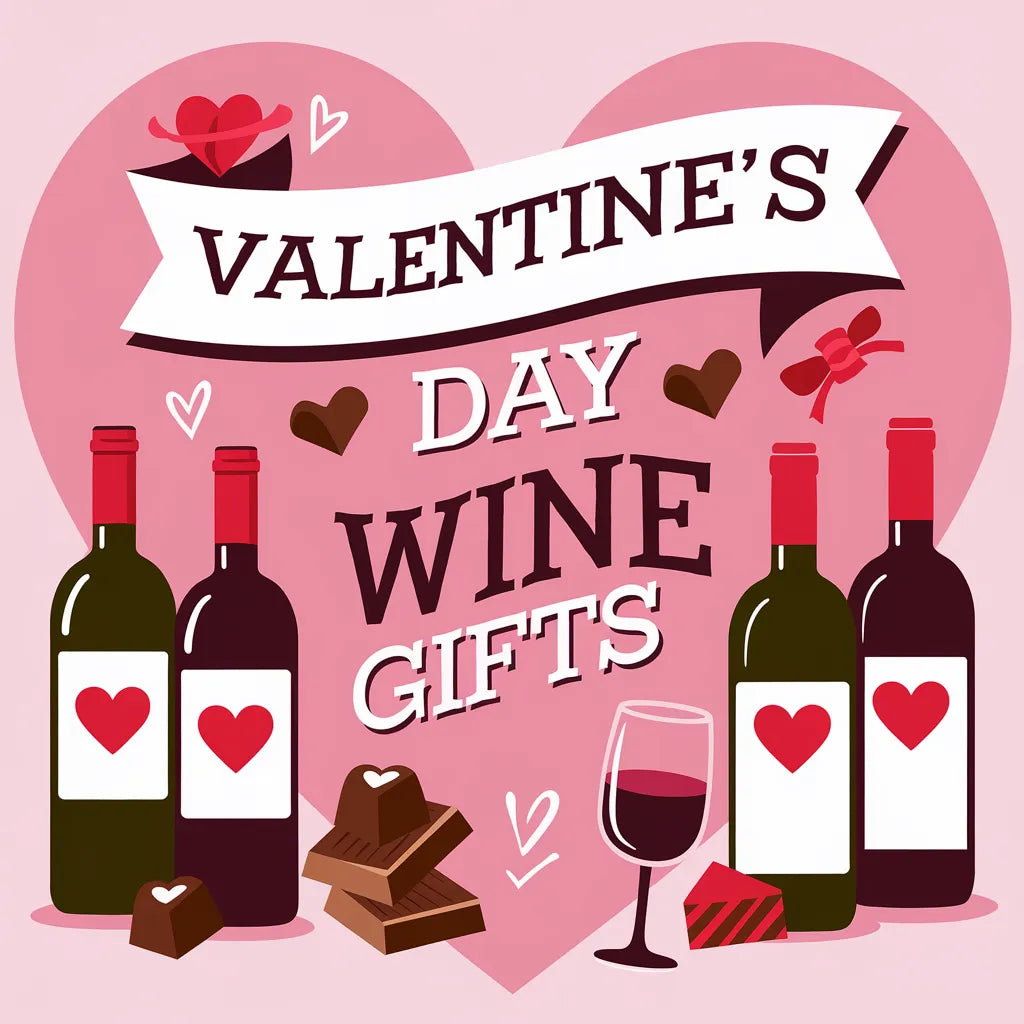 A Valentine's Day-themed banner featuring four wine bottles with heart labels, chocolates, a glass of red wine, and decorative hearts, with bold text reading 'Valentine's Day Wine Gifts' on a pink background.