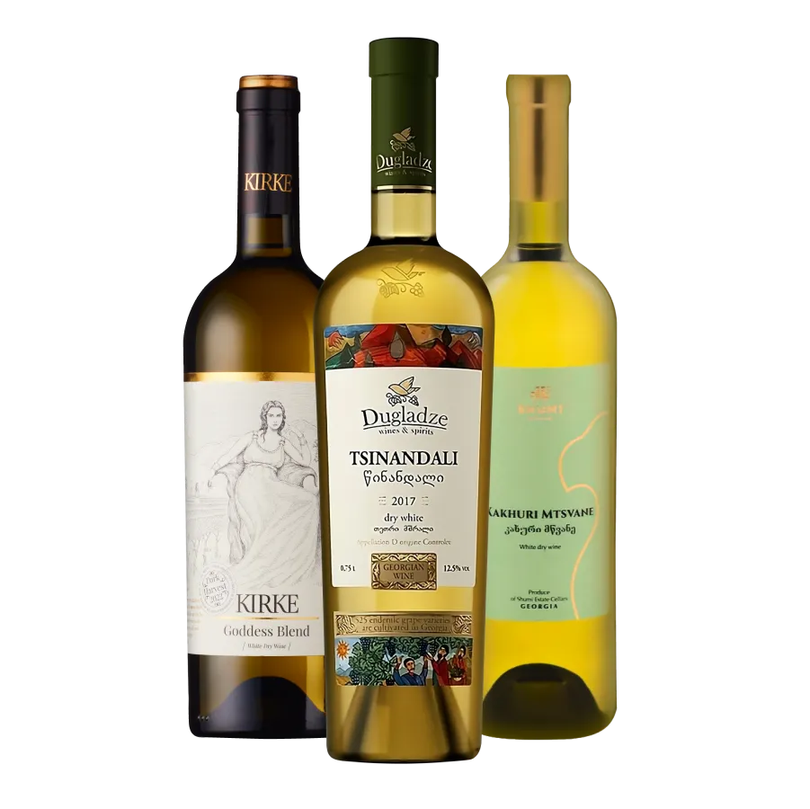 Three bottles of Georgian dry white wine featured by Kirke Goddess Blend, Tsinandali from Dugladze winery and Shumi Kakhuri Mtsvane.